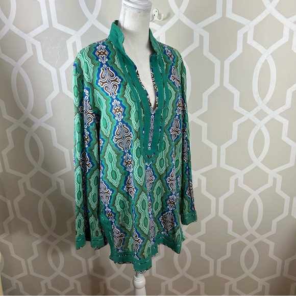 Tory Burch Tory Tunic Top 14 Green Print Ribbon Trim Cotton Long Sleeve Euc - Picture 8 of 10